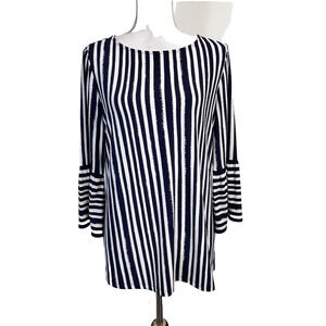 Susan Graver Tunic Top size Small Blue White Red Stripes Stretch Slinky Modest